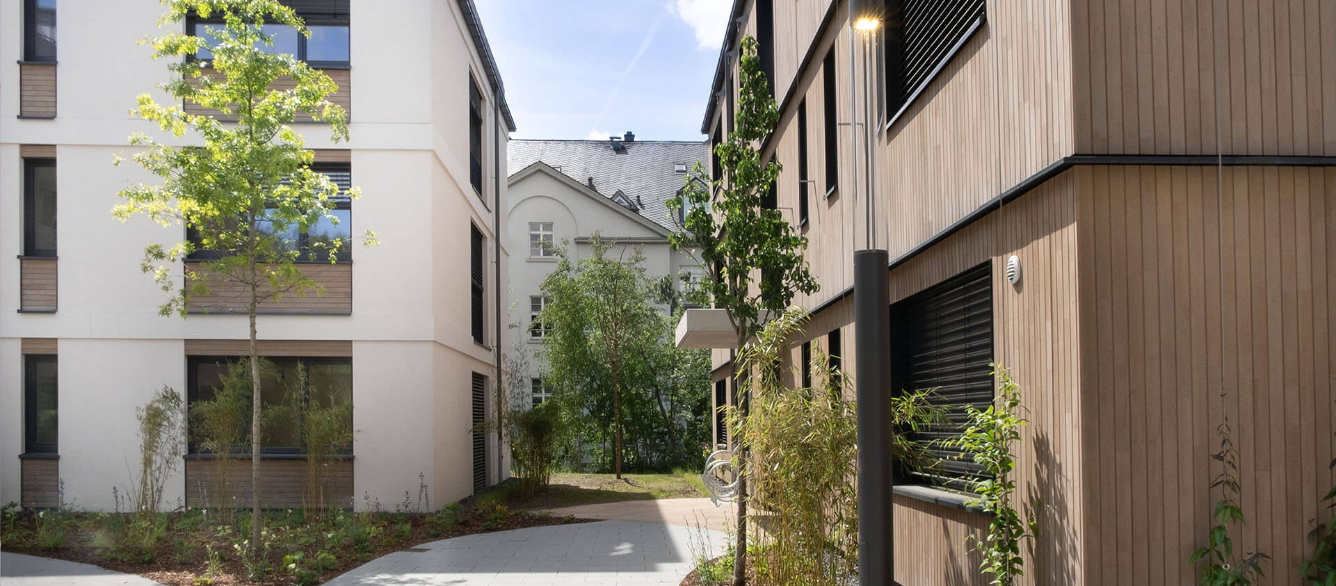 Abwechslungsreiche Fassaden des von Eberhard + Florian Horn geplanten Wohnquartiers
